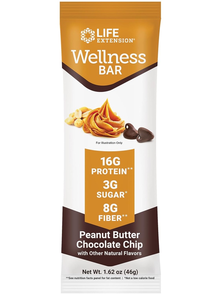 Life Extension Wellness Bar (Peanut Butter Chocolate Chip) - 16 g Protein, 8 g Fiber, 3 g Sugar - Cacao Chocolate Chips, Whey Protein Isolate Blend - Snack Bars, Gluten-Free - Individuellt