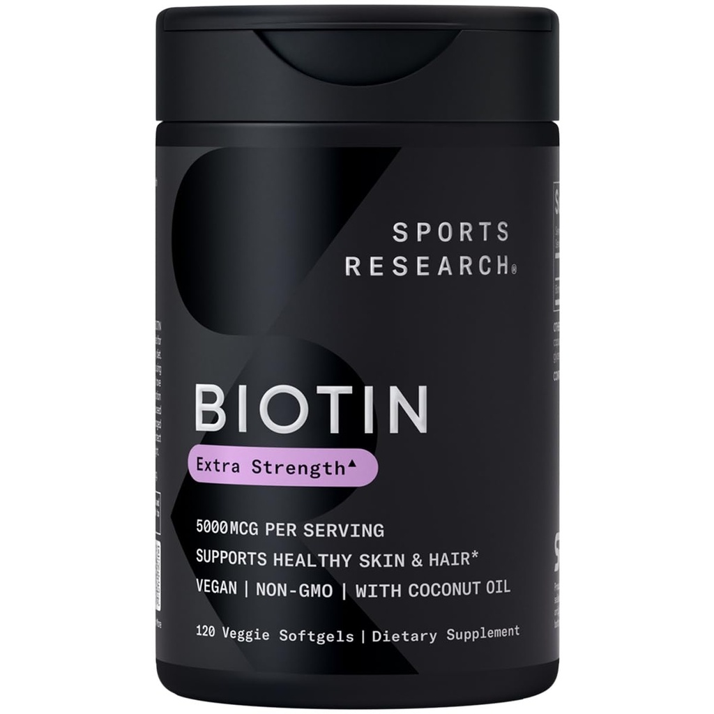 Sports Research® Biotin 5 000 mcg luomukookosöljyllä - Biotin (Vitamin B7) terveelle iholle ja hiustuelle* - naisille ja miehille - Vegaani, GMO:ton, gluteeniton ja soijaton - 120 Veggie Softgels