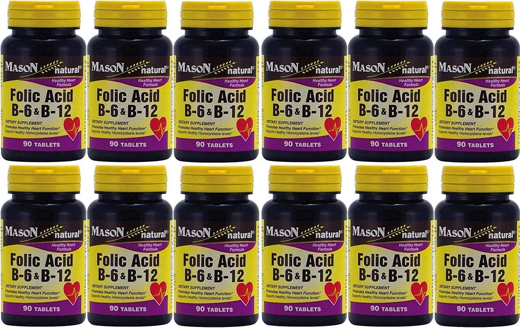 Mason Vitamins Folic Acid B-6 & B12 Heart Health Formel 90 tabletter per flaska Pack med 12 Totalt 1080 tabletter
