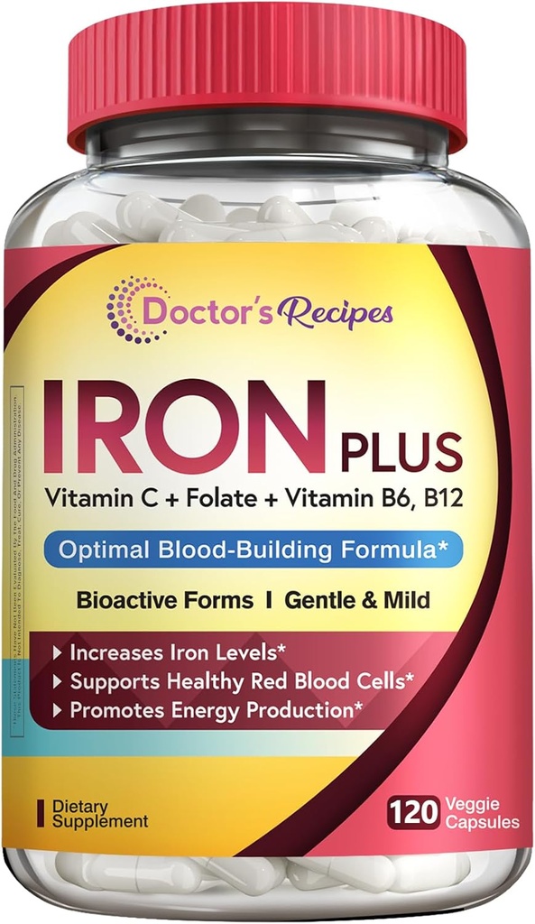 Läkare recept Järntillskott för kvinnor män - Gentle Iron Bisglycinate med vitamin C, B6, Folate & B12 - Icke-Constipating & Stomach Friendly Iron Pills för Blood & Energy Support, 120 Vegan Caps