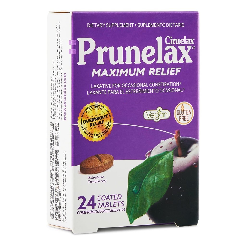 Prinelax Ciruelax Maximum Relief Laksative Tablets with Natural Senna for Occasional Ummetus, Senna Extract, Vegan & Gluteeniton, Hellä Yöllä Relief - 24ct