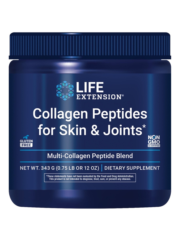 Life Extension Collagen Peptides for Skin & Joints, Collagen Tyypit I, II & III in an easy-Mix Powder, Gluteeniton, ei-GMO, nettopaino 343 Gram