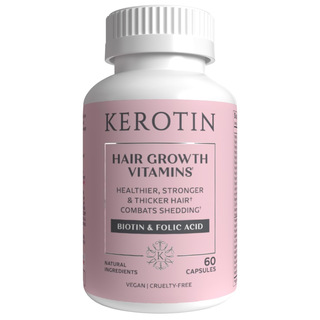 Kerotin Hair Growth Vitamins, Biotin Supplement, DHT Blocker, Collagen Stimulator, för Hair Loss Support, Nail & Skin Care, Inkluderar Saw Palmetto, Vitamin D3 & More - 60 Pills (1 Month Supply)