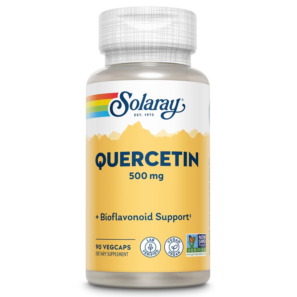 SOLARAY Quercetin 500 mg, tukee Sinusta, hengitysteitä, immuunitoimintaa ja normaalia, tervettä virtsahappoa, 90 VegCaps