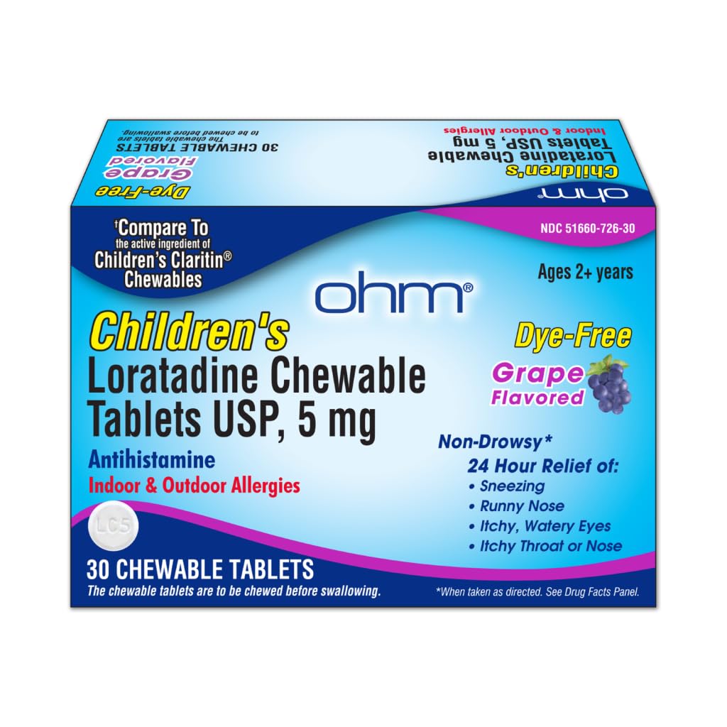 Ohm Children's Loratadine Allergy Chewable Tablets - Dye Free, Grape Flavor, Non-Drowsy 24 Hour Relief, Antihistamine för inomhus och utomhusallergier - 30 tabletter