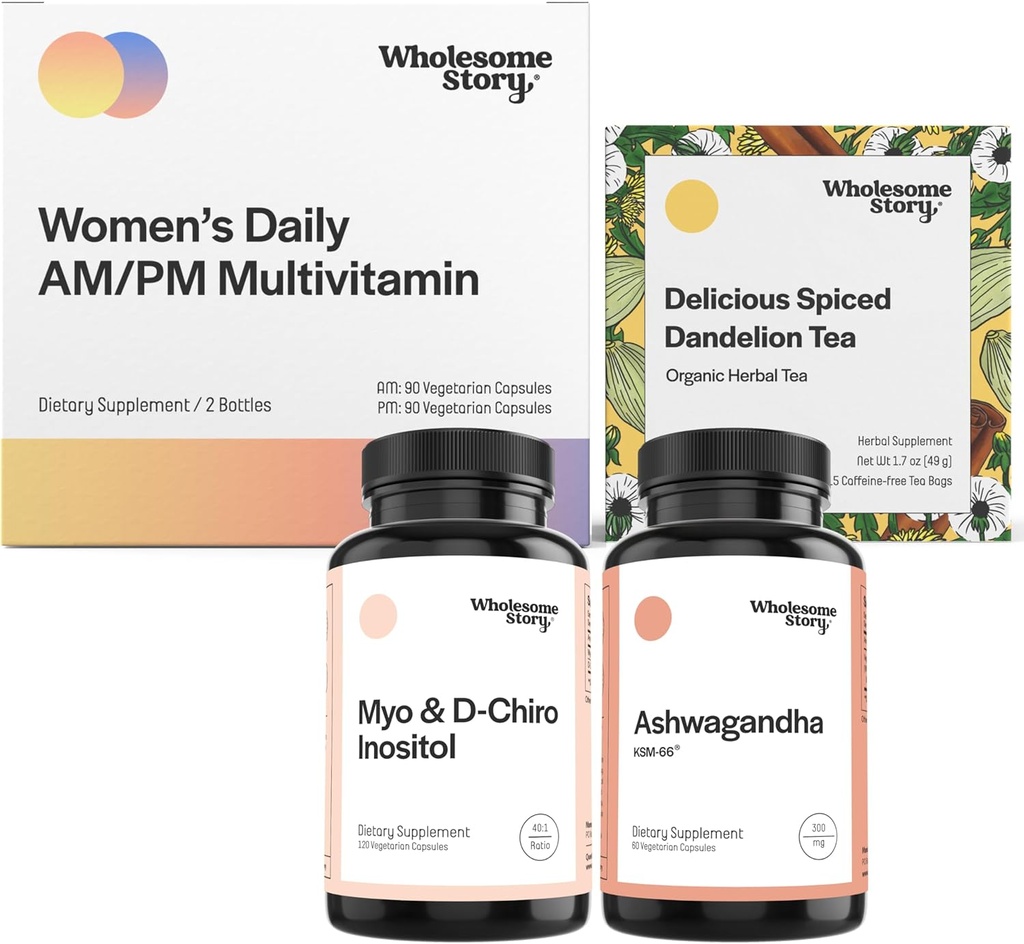 Chill Out Bundle | Myo Inositol & D Chiro Inositol | KSM 66 Ashwagandha Supplements | Premium Bioavailable Daily Multivitamin för kvinnor med järn och folat | Organic Roasted Dandelion Root Tea
