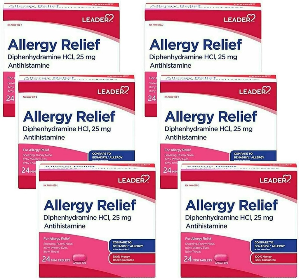 Leader Antihistamiini Allergy Relief Difenhydramiini HCl, 25 mg Mini Tabletit, 24 pakkaus 6