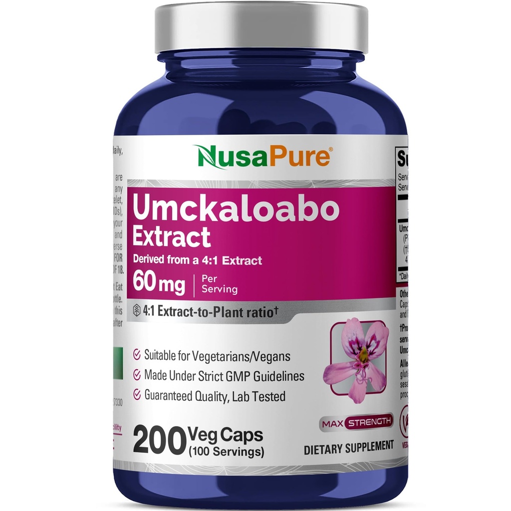 NusaPure Umckaloabo 4:1 Extrakt, 60 mg Equivalent till 240 mg Veggie Caps 200 Count (Non-GMO, Vegan)