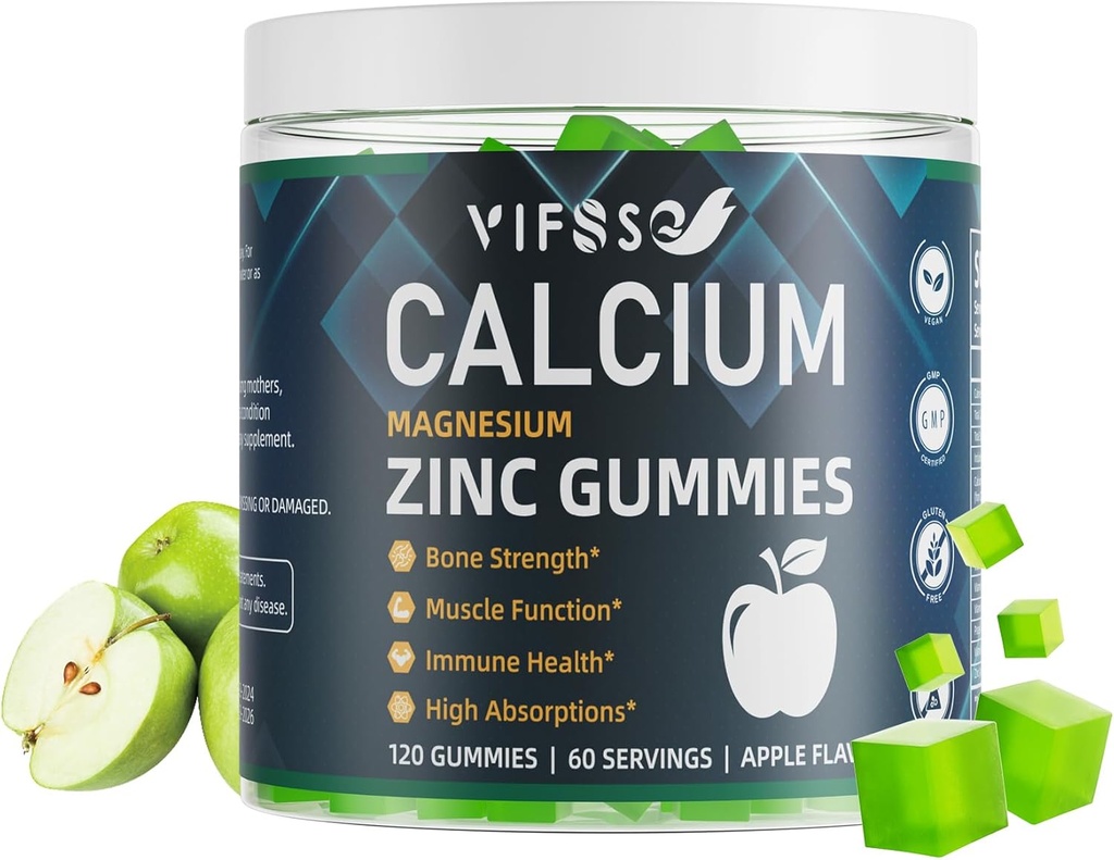 Kalcium Magnesium Zink Gummies 600mg med vitamin D3 K2, 120 Gummies Plant Based Sugar-Free Calcium Gummies High Absorption Complex Calcium Supplement 70 + Spår Mineraler för benstyrka, Vegan