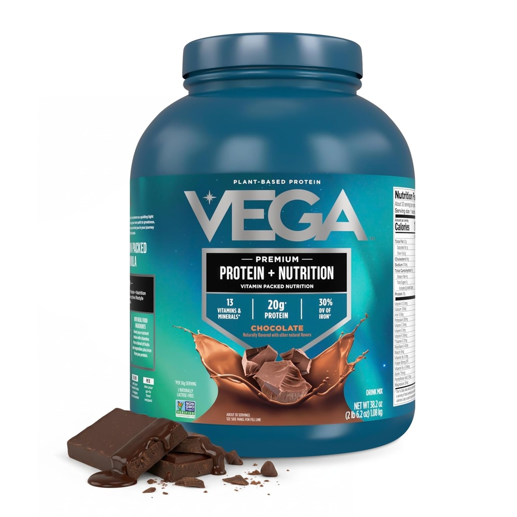 Vega Protein + Nutrition - 20g Kasvipea proteiinia, suklaata, 30 tarjoilua, Vegan Keto Superfood, antioksidantti-Rich, Gluteeniton, Maitotuotteeton, Matala carb, 2,4 lbs (Pakkaus May Vary)