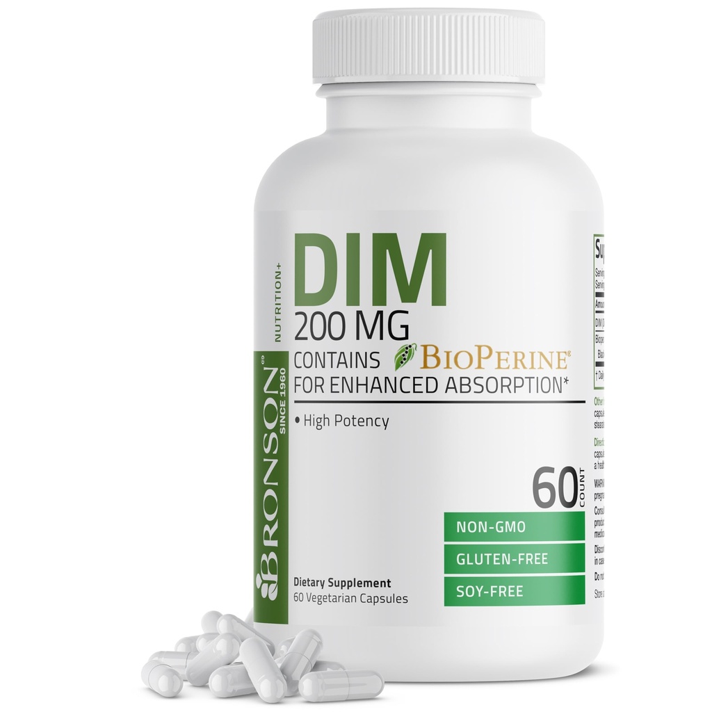 Bronson DIM 200 MG Supplement Diindolymetan med BioPerine för förbättrad absorption, östrogenmetabolism och underhåller balanserade hormonnivåer, 60 vegetariska kapslar