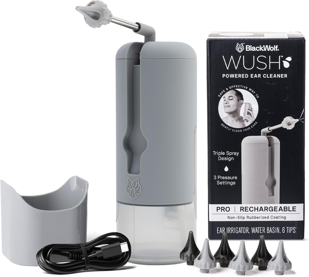 Wush Pro by Black Wolf - Original Deluxe Water Powered Ear Cleaner 6 Reusable Replacement Vins by Black Wolf - Turvallinen & Tehokas korvavaha Buildup - Electric korvavahanpoistopakkaus (Grey)
