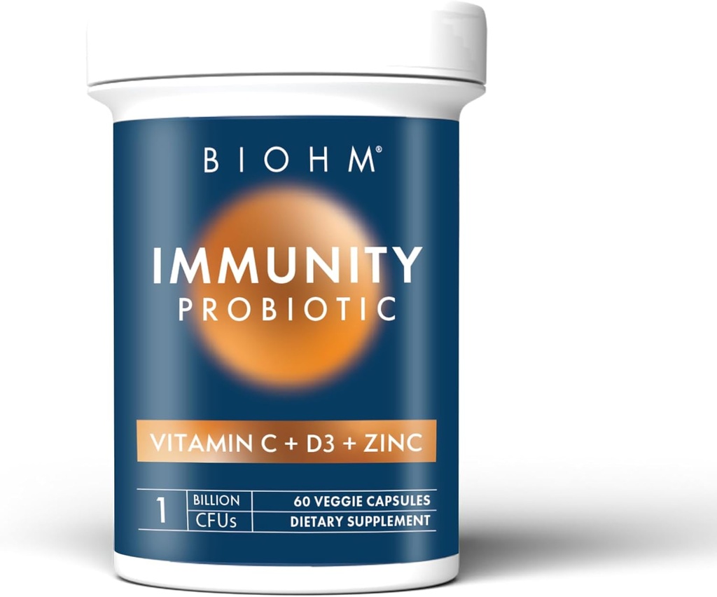 BIOHM Immuniteettiprobiootti, jossa C-vitamiinia, D3 & Sinkkiä, 1 miljardia PMY (60 kapselia) Päivittäiset probiootit naisille ja miehille, digestiivinen terveys ja immuunituki, vegaaninen, gluteeniton ja ei-GMO