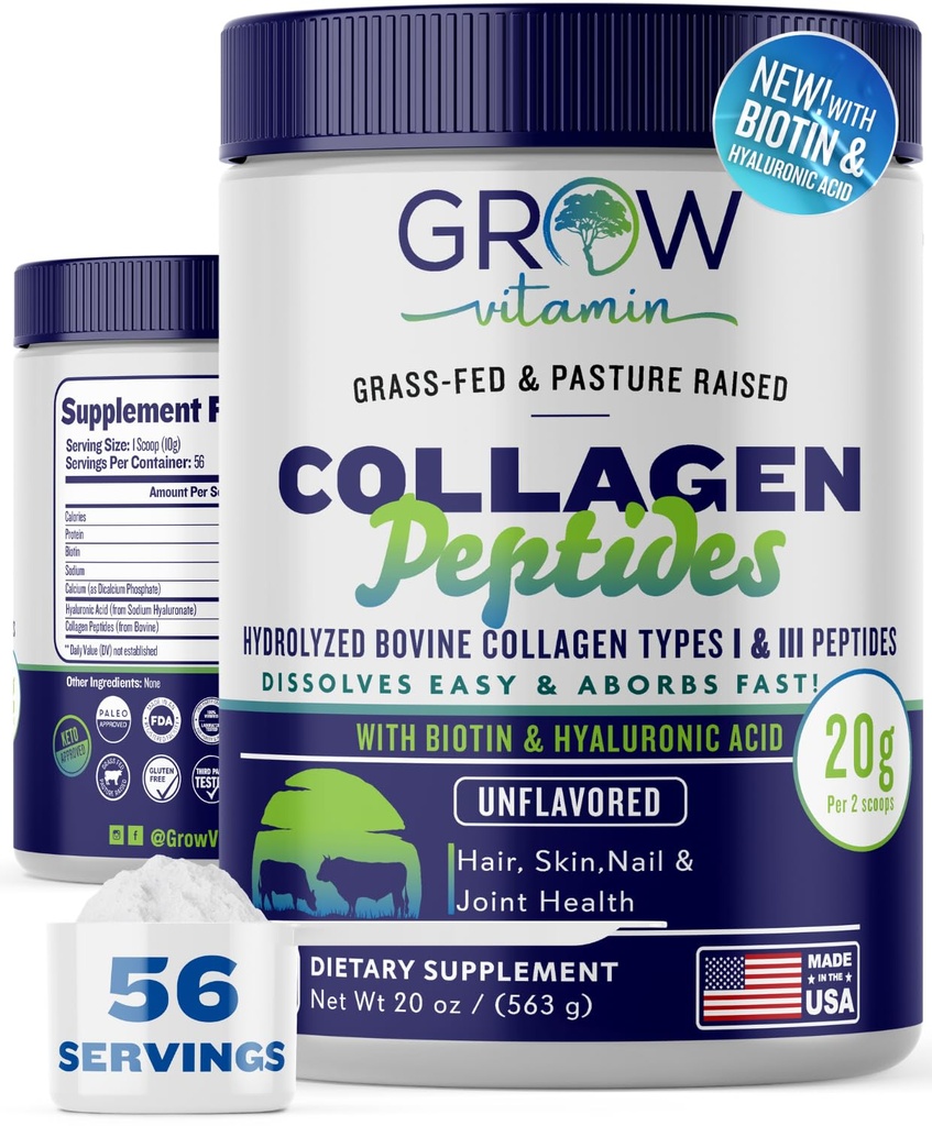 Collagen Peptides Powder 20g Hyaluronic Acid & Biotin - makuamaton Grass Fed Collagen Powder Hydrolysed tyyppi I & III Kollageeni täydentää - hiukset, kynnet, iho & niveltuki - 56 tarjoilut