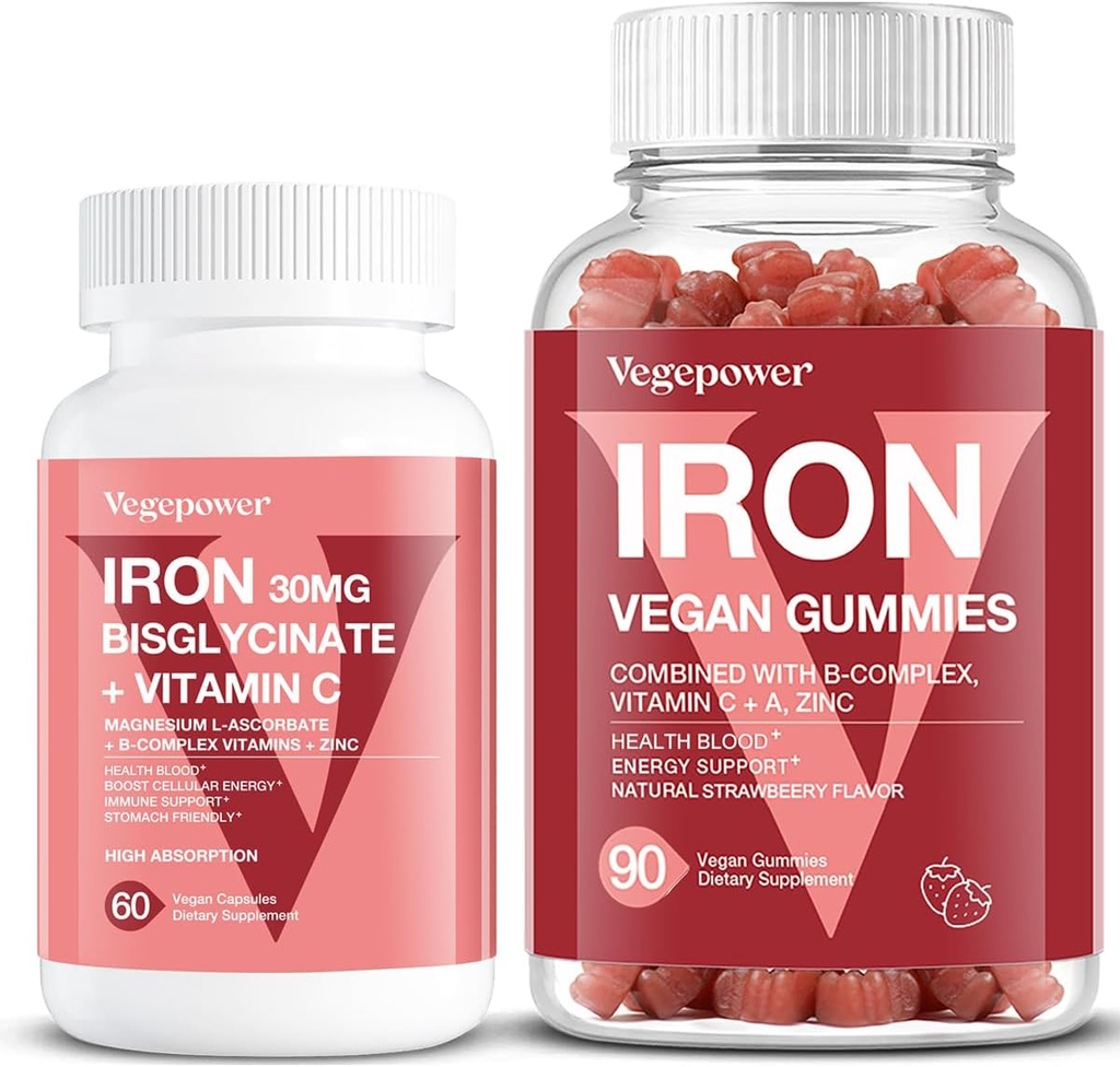 Vegan Iron Gummies Strawberry Plus Iron Bisglysinate 30MG ... Vegan Iron Supplement Tuki veren terve & Daily Energy aikuisille & lapsille - 90 Count+60 Count