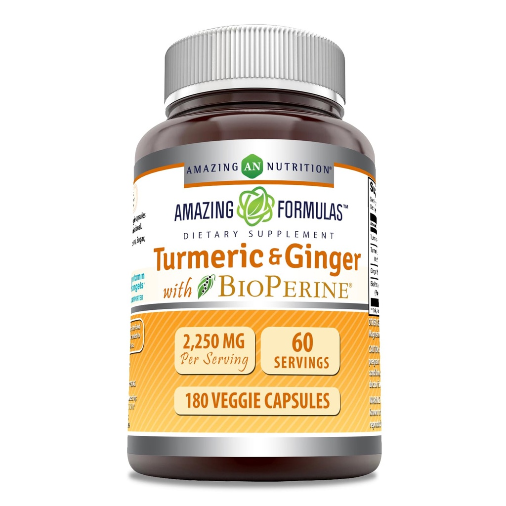Fantastiska Formler Turmeric Curcumin & Ginger med BioPerine 2250 mg Per Serving Veggie Capsules | Non-GMO | Gluten Free | Tillverkad i USA | Perfekt för vegetarianer (180 greve)