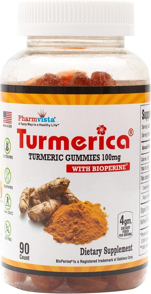 Kurkuma Curcumin Gummies 100mg BioPerine Black Pepper for Enhanced Absorption, 90 Count, Made in USA