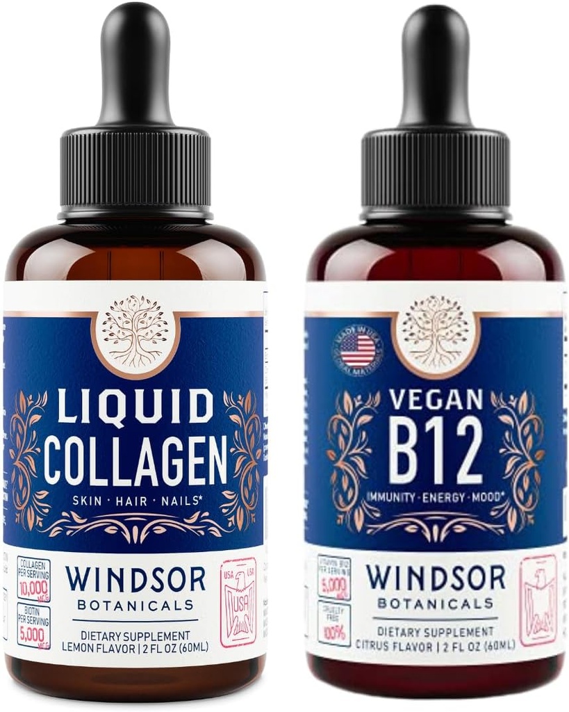 WINDSOR BOTANICALS Vitamin B12 Liquid och Liquid Collagen med Biotin - Energi och Wellness Bundle