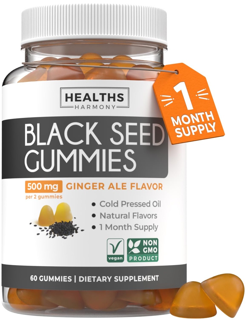 Musta siemenöljy Gummies - Natural Ginger Ale Flavor (Non-GMO & Vegan) Kylmäpainettu Nigella Sativa tuottaa puhdasta mustaa Cumin Seed Oil - 500mg per 2 Gummy Serving