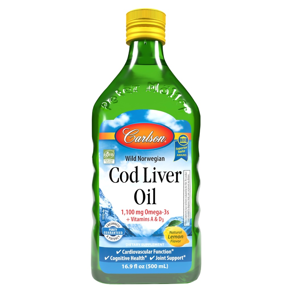 Carlson - Turska Maksaöljy 1100 mg Omega-3s Plus-vitamiinit A & D3, Wild Caught Norwegian Arctic, kestävästi lähdetty Nordic Fish Oil Liquid, Sitruuna, 500 ml (16,9 Fl Oz)