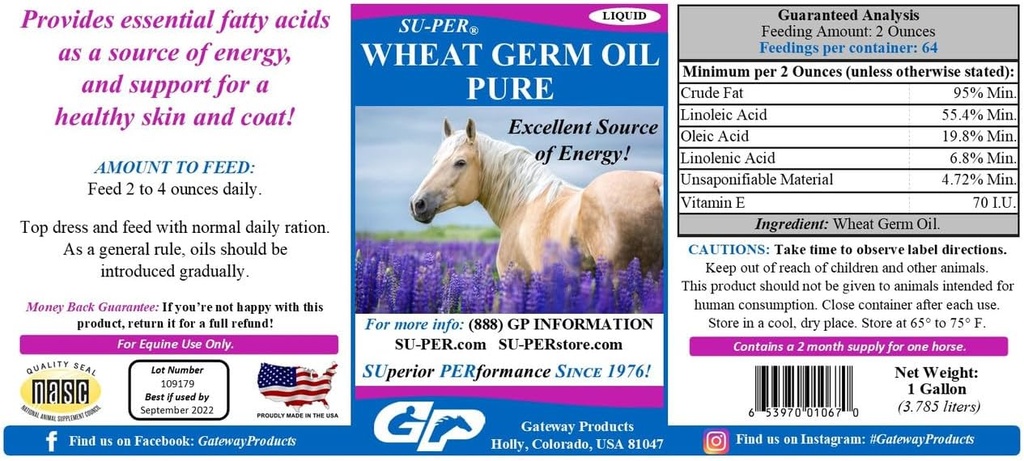 SU-PER Wheat Germ Oil Pure hevosille - Tukee energiaa, kestävyyttä, kestävyyttä, terve iho ja turkki - Essential rasvahapot, vitamiinit ja mineraalit - 1 Gallon + Pump, 4 kuukauden tarjonta
