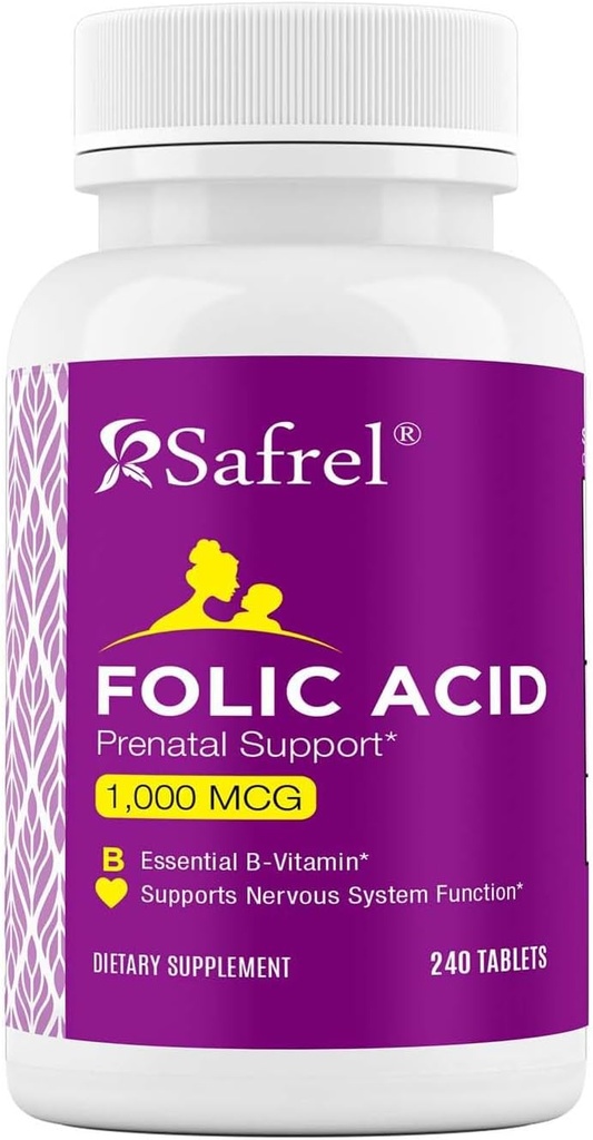 Safrel Folic Acid 1000 mikrog (1 mg) - B9-240-vitamiinit, välttämätön prenataalinen ja postnataalinen vitamiini sikiön kehitykseen, punasolujen tuotanto, solujen ja hermojen kehitykseen .