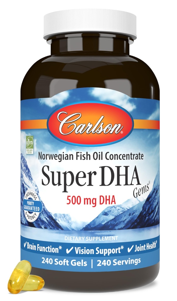 Carlson Super DHA Gems - 500 mg DHA lisäravinteet, 640 mg rasvahapot, Norjan kalaöljykonsentraatti, Wild-Caught, kestävästi Lähde: kalaöljy kapselit, 240 Softgels