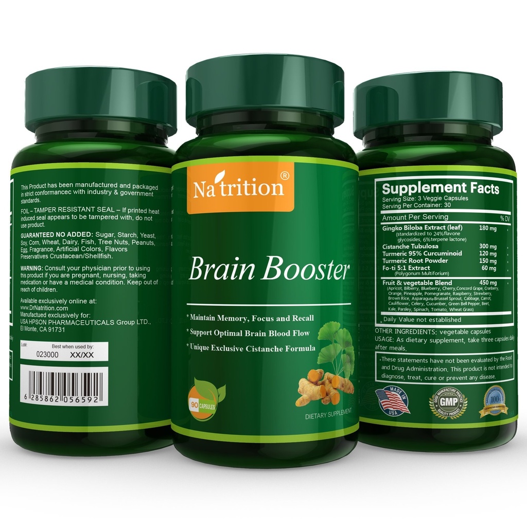 Natrition Brain Booster - Ginkgo Biloba, Turmeric, Cistanche Tubulosa, Fo-ti Extract Blend - Luonnollinen antioksidantti tuki aivojen toimintaa - Clarity, Focus and Memory Enhancere - 90 kasviskapselit