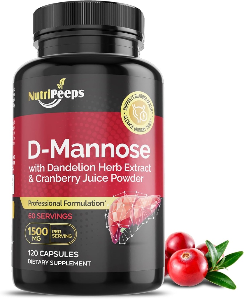 D-Mannose 1500 mg, 120 kapselia voikukkayrtillä ja karpalouutteilla, luonnollinen virtsatiepuhdistus UTI-tuelle, flushingille ja epäpuhtauden detoksiinille, miehille ja naisille.