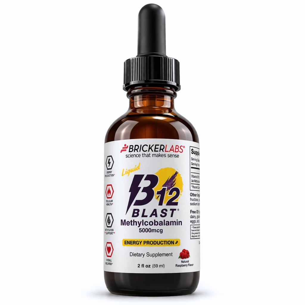 Bricker Labs B12 Blast Methylcobalamin 5000mcg, Great Tasting Sublingual Liquid Energy Vitamins -Vegan B12 Vitaminer, Sustained Energy and Cellular Health Supplement - 59-Day Servings