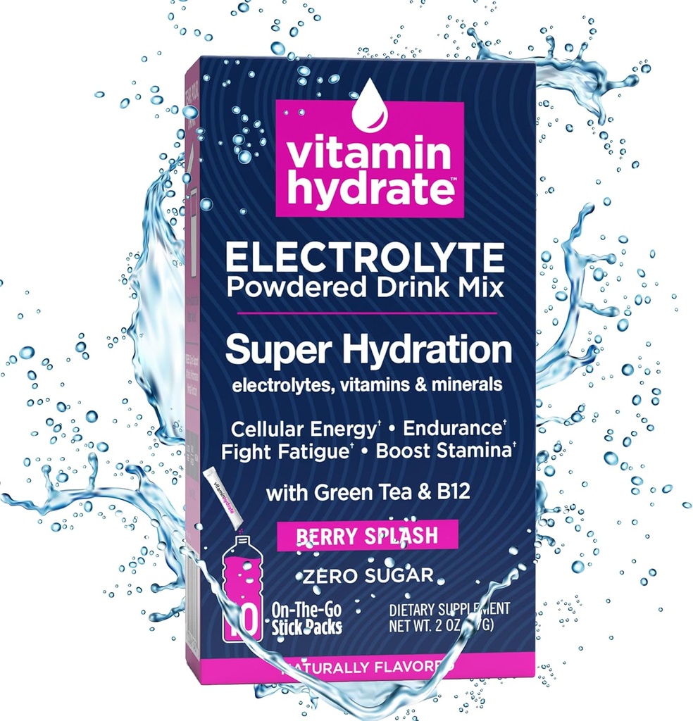 Vitamin Hydrate Electrolyte Powdered Drink Mix, Super Hydration, Boost Stamina & Fights Fatigue, Bursting med Electrolytes, Vitaminer & Minerals, 0 Sugar, Berry Splash, 10 Stick Packs