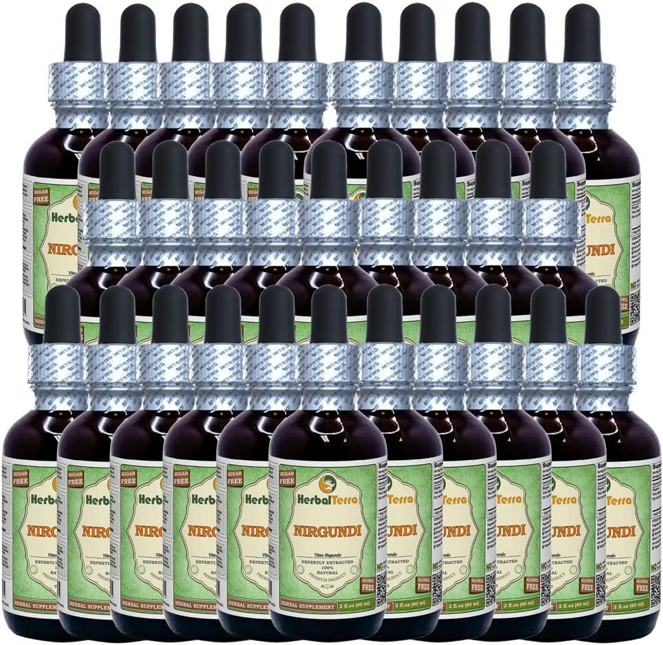 Nirgundi (Vitex Negundo) Kuivattu lehti Alkoholiton nesteuute (Brandin nimi: HerbalTerra, Proudly Made in USA) 30x2 oz
