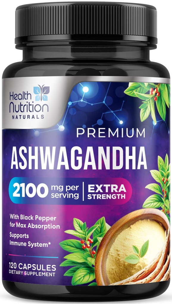 Ashwagandha lisäravinteet - 2100mg Ashwagandha kapseli naisille ja miehille, luonnollinen antioksidantti tuki, Ashwa juuriuute, extra vahvuus Rauhallinen tuki Black Pepper, Vegan & Gluteeniton - 120 kapselia
