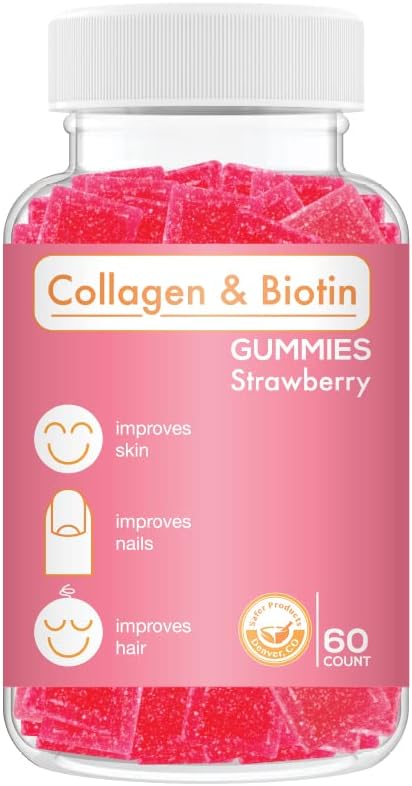 Collagen Biotin Gummies - Stöder hår, hud och naglar hårväxt Anti Aging Care Chewable Gummy Vitaminer, Vegan, Non-GMO, Gluten Free, Gelatin Strawberry Flavor 60 greve, Rosa