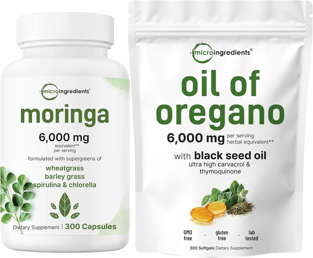 Micro Ingredients Oil of Oregano Softgels 300 Count & Moringa Oleifera 6000mg Ekvivalent 300 Capsules Bundle 2 Pack Carvacrol & Thymokinone .
