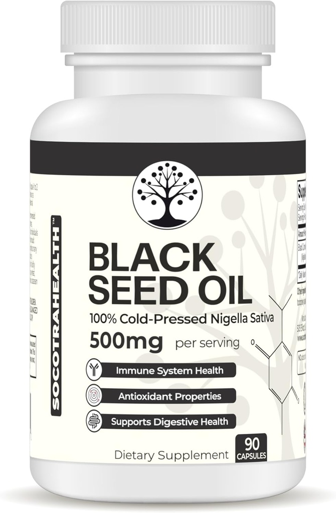 Black Seed Oil - 100% Cold-Pressed Black Cumin Nigella Sativa - Antioxidant, immun och Digestive System Support - Non-GMO, Gluten Free - 500 mg per Servering - 90 Vegan kapslar