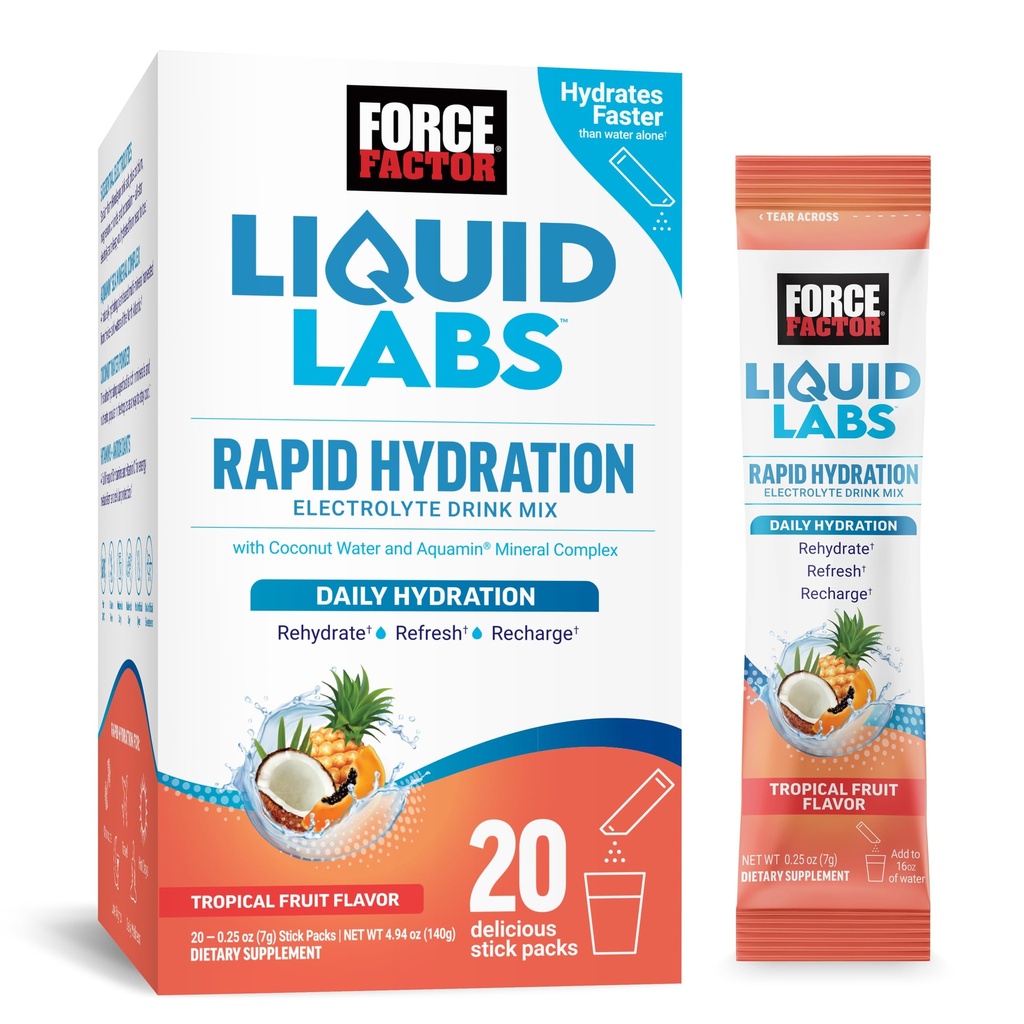 FORCE FACTOR Liquid Labs Elektrolyytit Powder Packets.Tropical Fruit.Hydration Packetit Elektrolyyttiveden valmistukseen, 5 Essential Elektrolyyttejä, Vitamiinit, Minerals ja antioksidantit, 20 Stick Packs