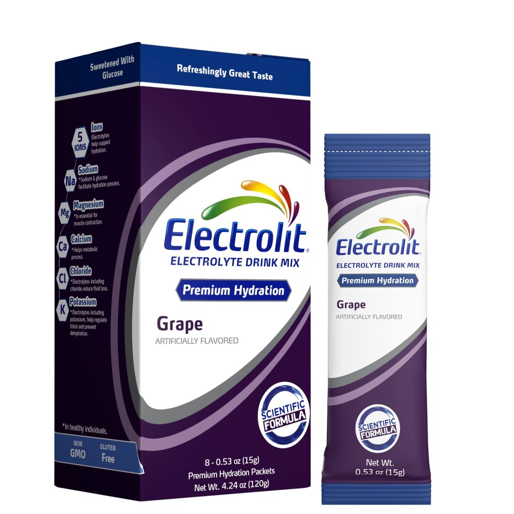 Electrolit Elektrolyyttejä Powder Packets, Grape 8 Pack, Powdered Hydration Packets for Dehydration & Rehydration, Post Harjoitukset Maustettu Hydrating Drink Mix, Gluteeniton Daily Water Enhancer Sticks