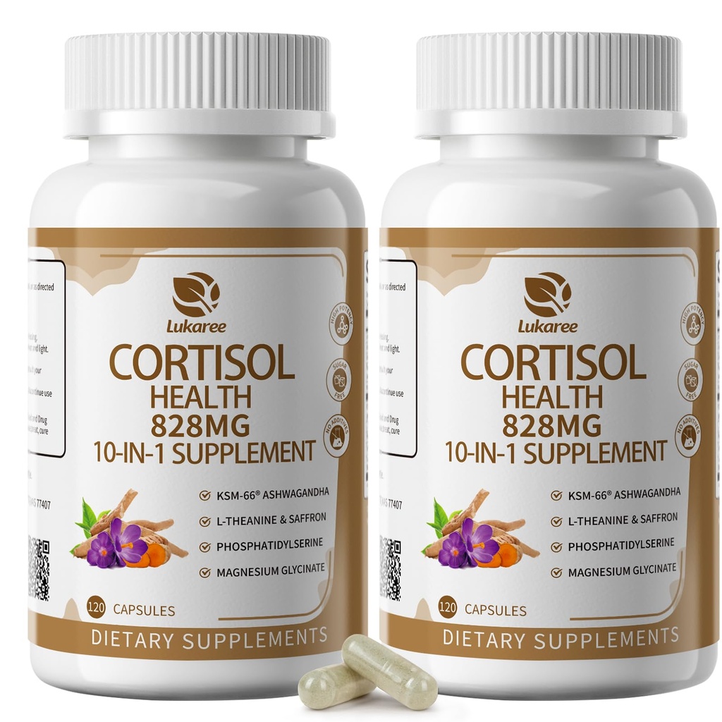 10-IN-1 Kortisolilisät magnesiumilla, Ashwagandhalla, kamomillalla, L-Theaniinilla, fosfatidyyliseriinillä, mäkikuismalla, Astragalusilla, C-vitamiinilla ja D3:lla naisilla, 240 vegaanilla 4 kuukauden ajan, ei GMO:ita