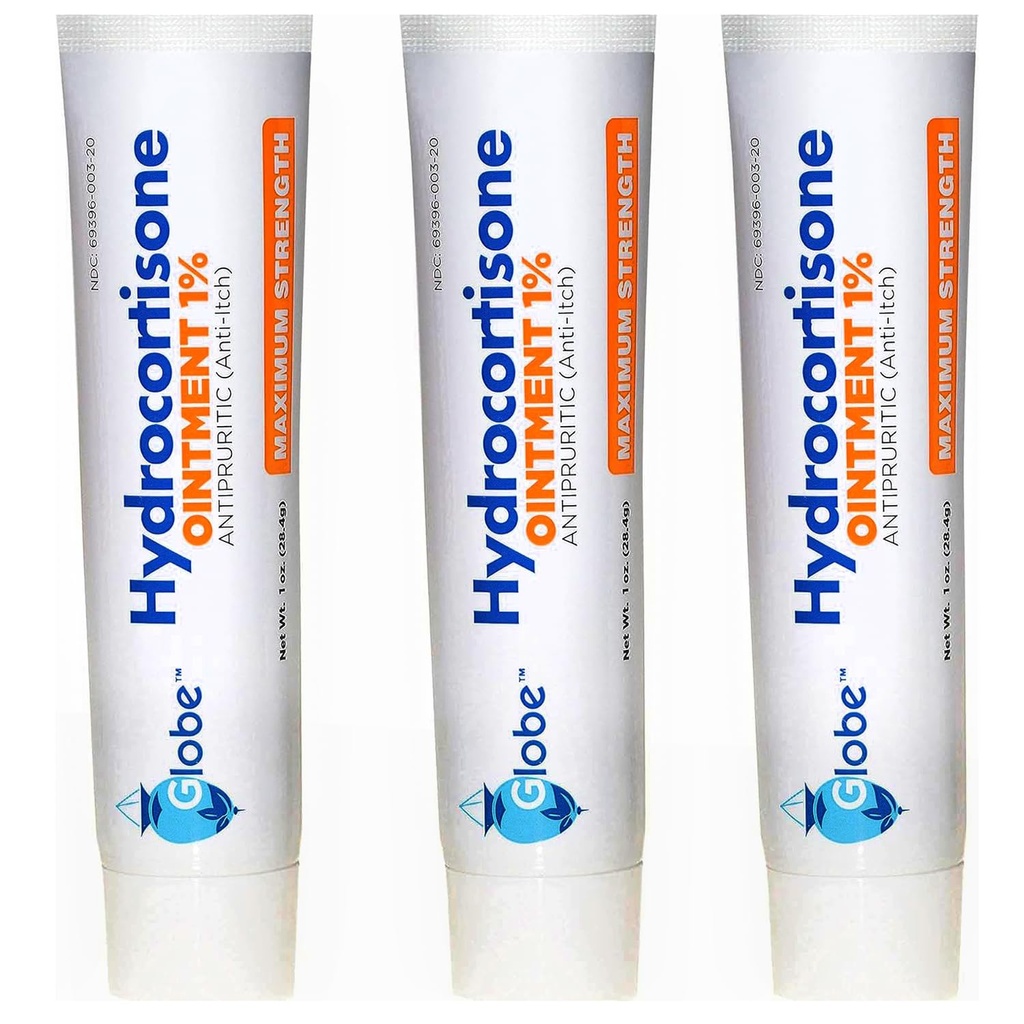 (3 pakkaus) Globe Hydrokortisoni Maximum Strength Läpinäkyvä voide 1%,1 oz, Kostumaton Topical Ointment for Redness, Turvotus, kutina, ihottuma, ötökän/moskiiton puremat, ihottuma, peräpukamat & enemmän