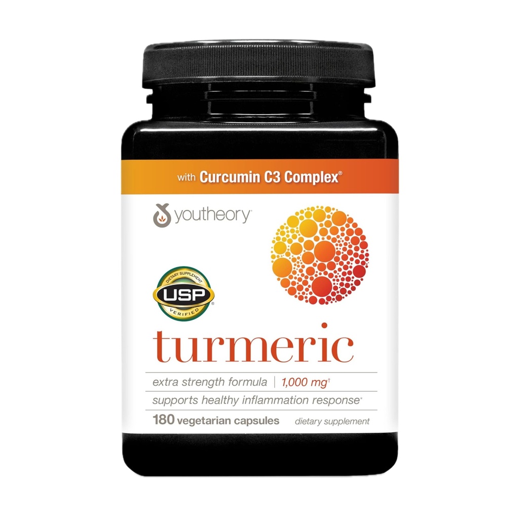 Youtheory Turmeric Extra Strength - 1 000 mg Turmeeric Supplement - 10 mg Black Pepper - Curcumin Joint Support * - Soy, Dairy & Gluten Free - 180 kasvissyöjä Kapselit