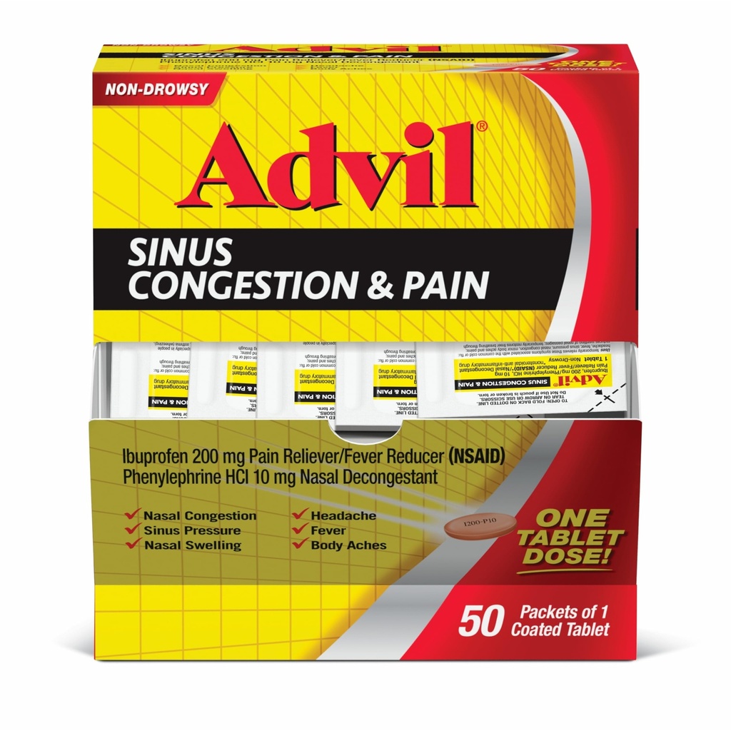 Advil Sinus Congestion and Pain, Sinus Relief Medicine, Pain Reliver and Fever Reducer with Ibuprofeeni and Fenylephriini HCl - 50 päällystettyä tablettia