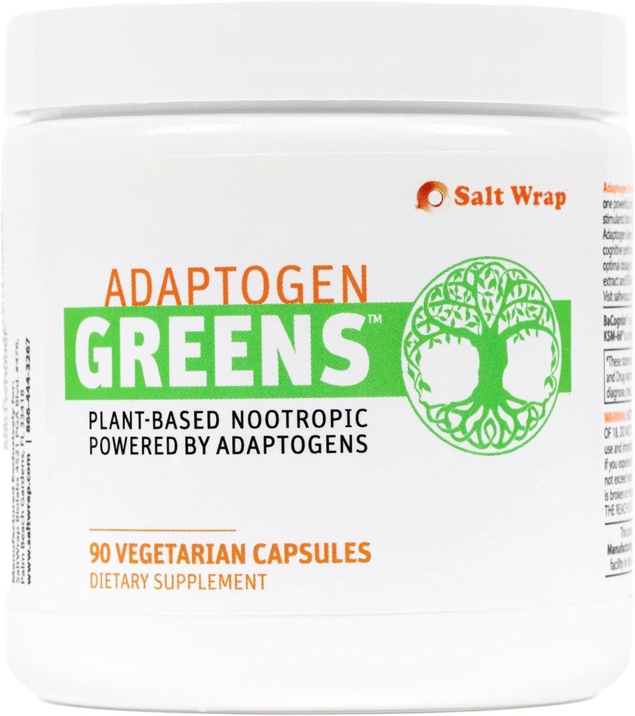 SaltWrap Adaptogen Greens - Mind-Body Resilience Formula - Kofeiiniton nootrooppinen stressiä, keskittymistä ja kognitiivista suorituskykyä - 90 kapselia