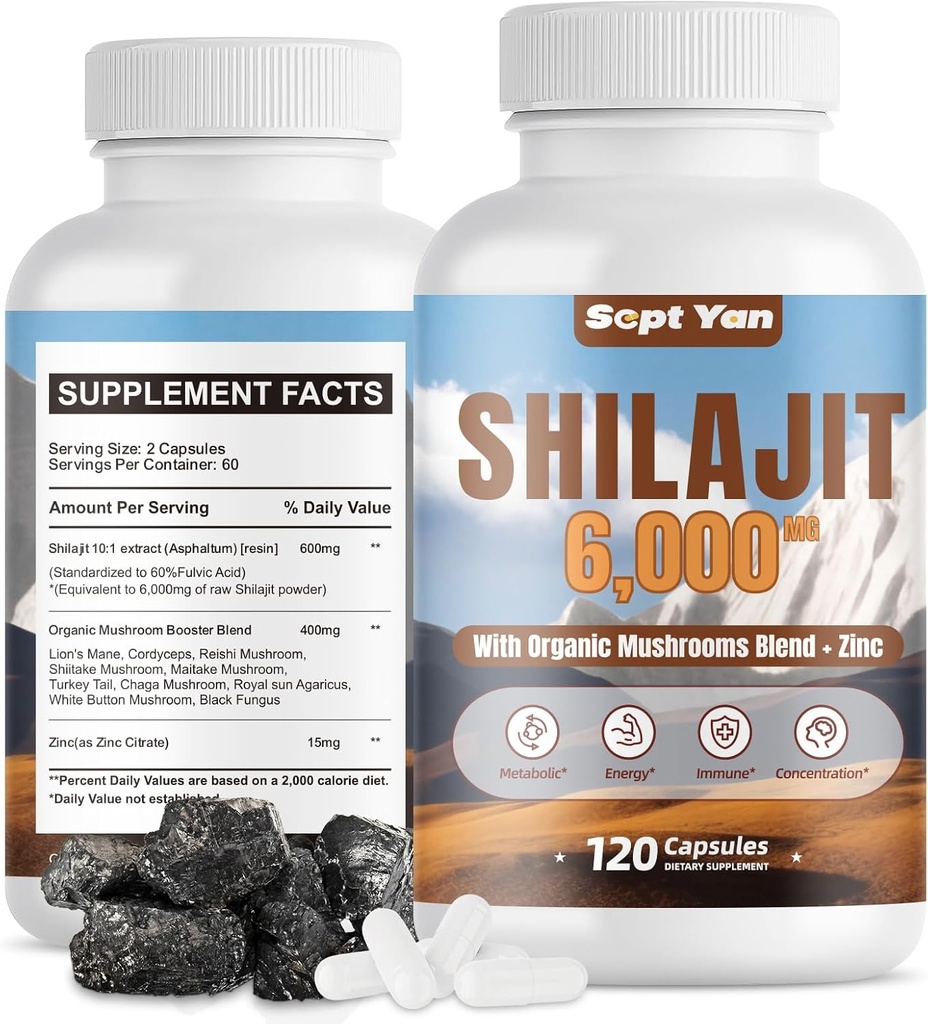 Shilajit Himalayan Capsules - Pure Himalayan Organic Supplement with Mushrooms Blend, Sinkki - 2 kuukauden tarjonta vahvuus, kestävyys, aivot & immuuniterveys - Shilajit naisten & miesten 120 kreivi Vegan