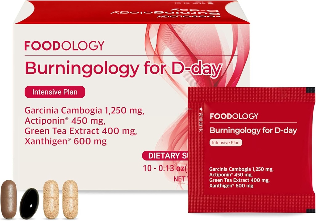 FOODOLOGY Burningology D-Day, Appetite Suppressant for Women & Men, Boost Mood, Support Weight Loss och Burn Calories, Garcinia Cambogia Supplement, Green Tea Extract - 10 Packets