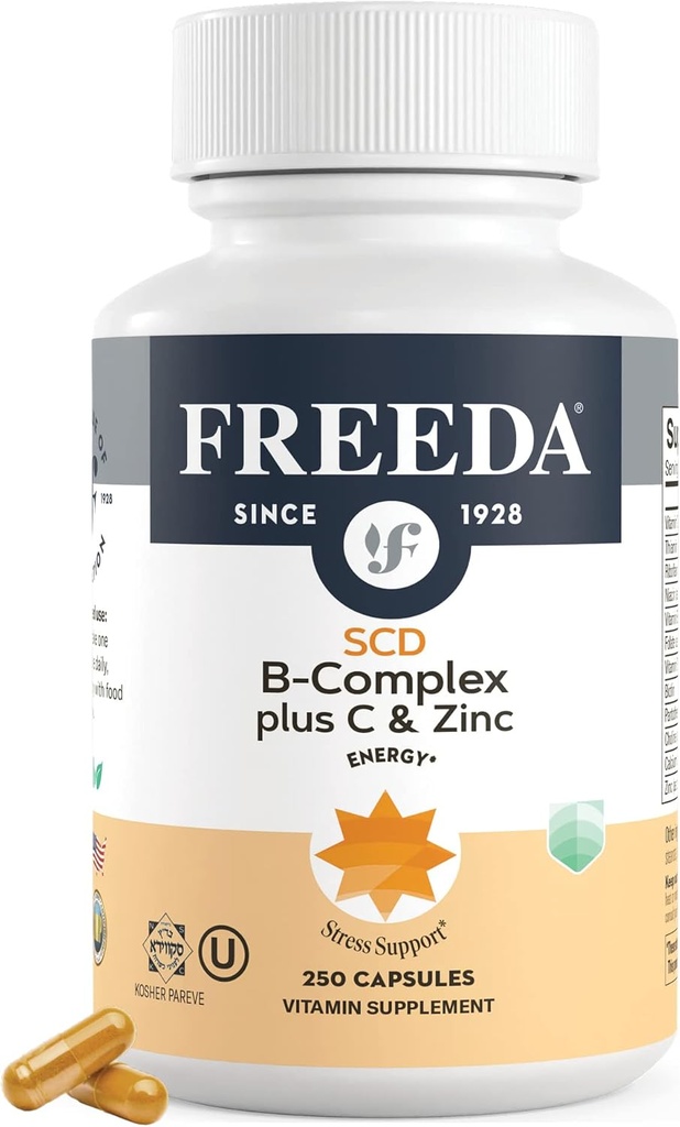 FREEDA Complete B Complex med vitamin C & Zink - SCD Legal Vitamin B Complex (B1, B2, B3, B6, B12) - 250 Vegetariska kapslar, Lämpliga för alla inklusive SCD Diet Följare, Daglig hälsosupport