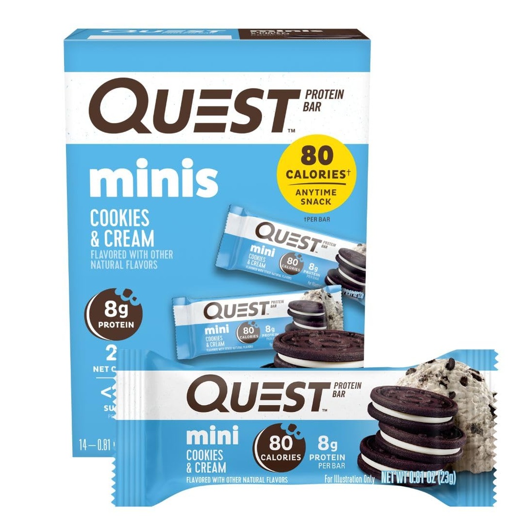 Quest Nutrition Mini Cookies & Cream Protein Bars, 8g Protein, 1g sokeria, 2g Net Carbs, Gluteeniton, 14 kreivi