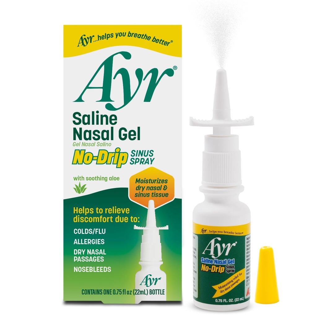 Ayr Saline Nasal Gel No-drip Sinus Spray med lugnande Aloe Vera, 0,75 Fl Oz Spray Bottle, (Pack of 1)