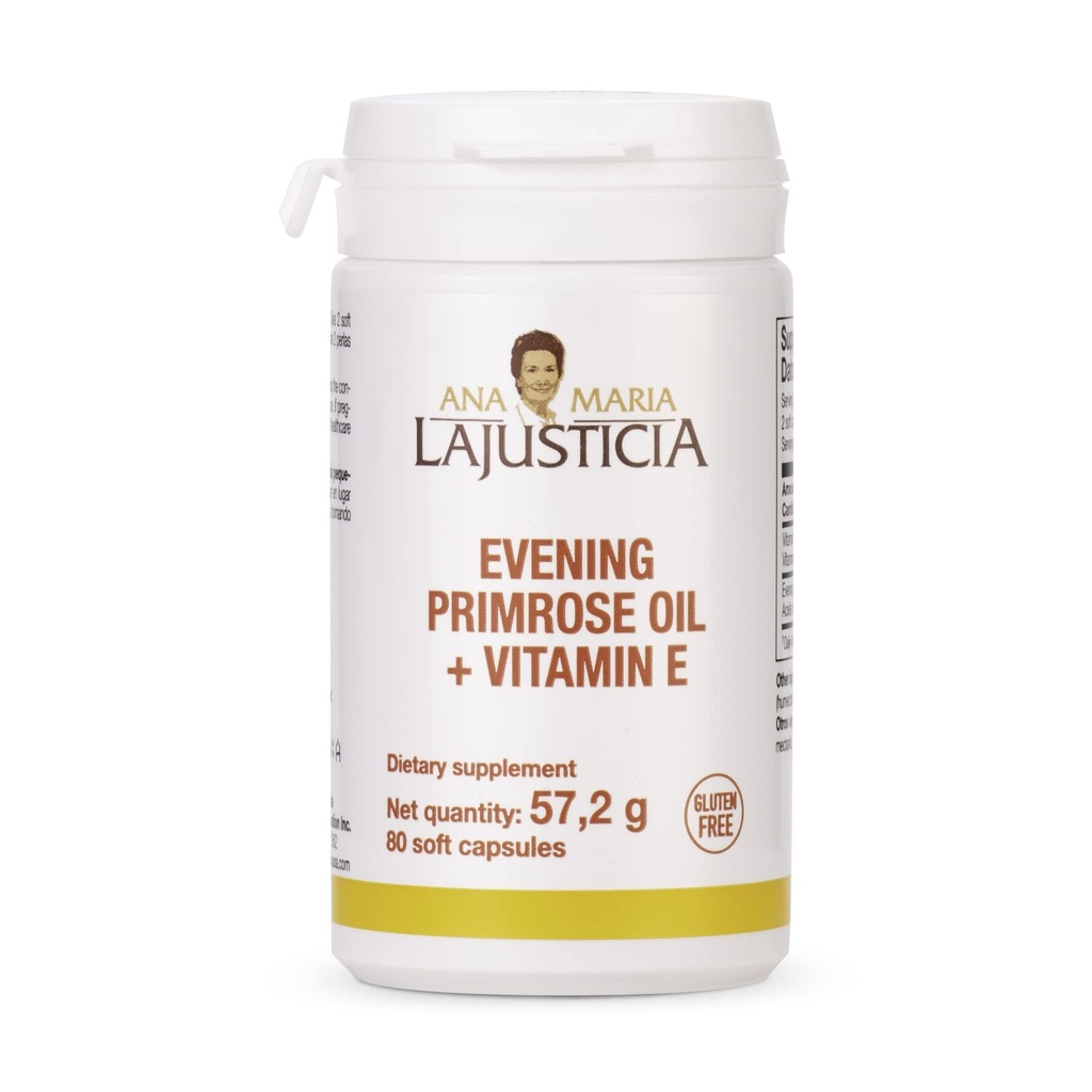 Ana Maria Lajusticia - Ilta Primerose Oil + E-vitamiini - 80 pehmeät kapselit pakkaus -1000mg. Gluteeniton, laktoositon ja sokeriton. Kaikki luonnolliset.