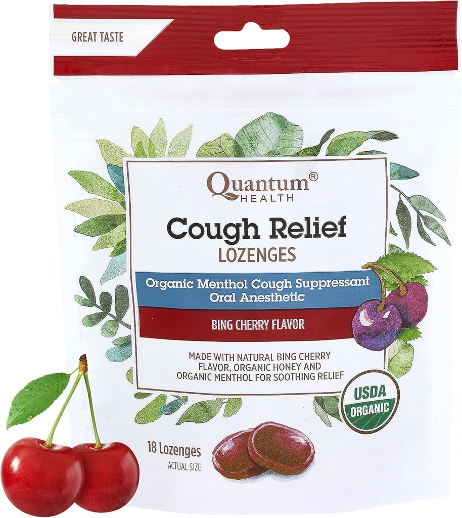 Quantum Health USDA Organic Cough Drops Menthol & Honey Chroat Lozenges - rauhoittava Bing kirsikka makuinen Supprant - Kuiva suu ja kurkku helpotus aikuisille & lapsille - 18